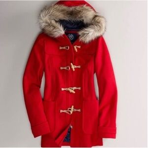 American Eagle Outfitters Red Coat with Faux Fur Hood Peacoat Size S Wool